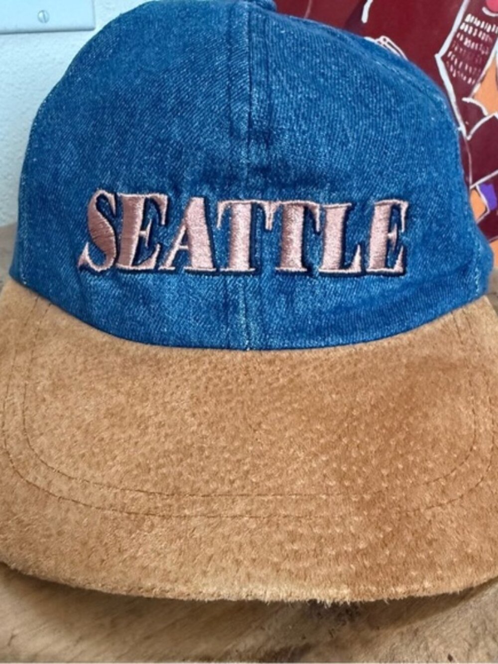 Vintage 90s Denim & Suede Seattle Washington Hat - OS